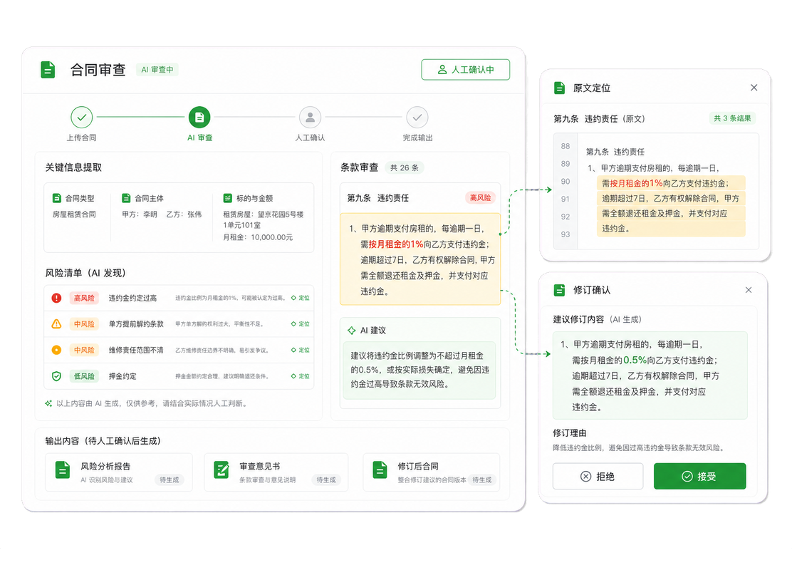 公司法务查看合同条款风险、原文位置与审查意见示意图