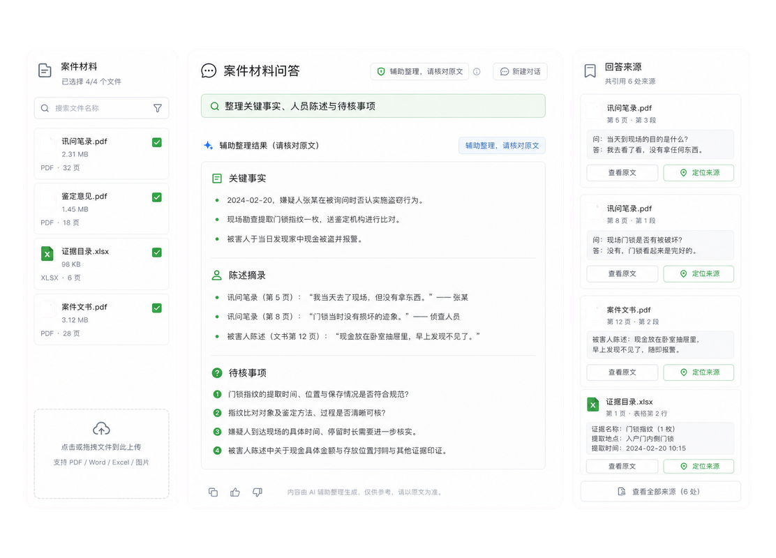 检察官围绕案件材料问答、整理要点并核对回答来源示意图